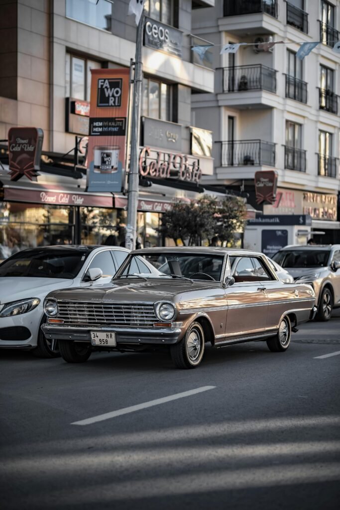 Brown vintage Chevrolet car parked on a bustling street in Istanbul, showcasing classic style.