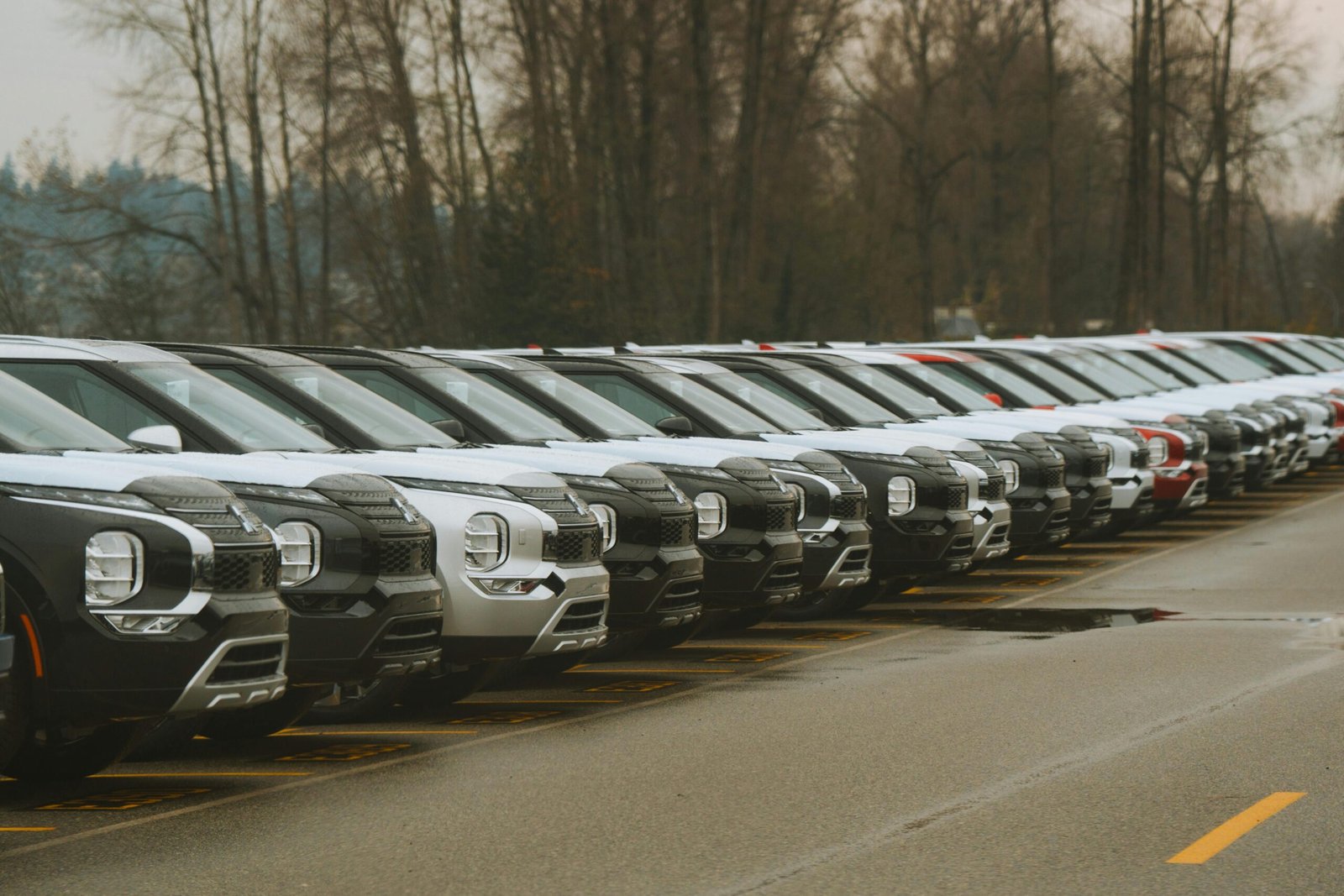 A row of new cars parked outdoors, showcasing modern vehicle design.
